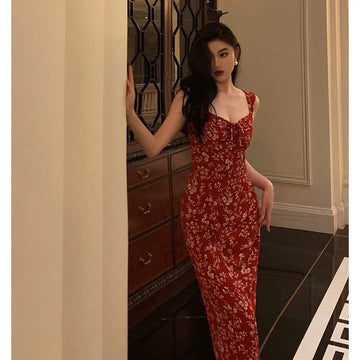Sheath Spaghetti Straps Red Floral Prom Dresses Birthday Outfits Evening Gown SD940